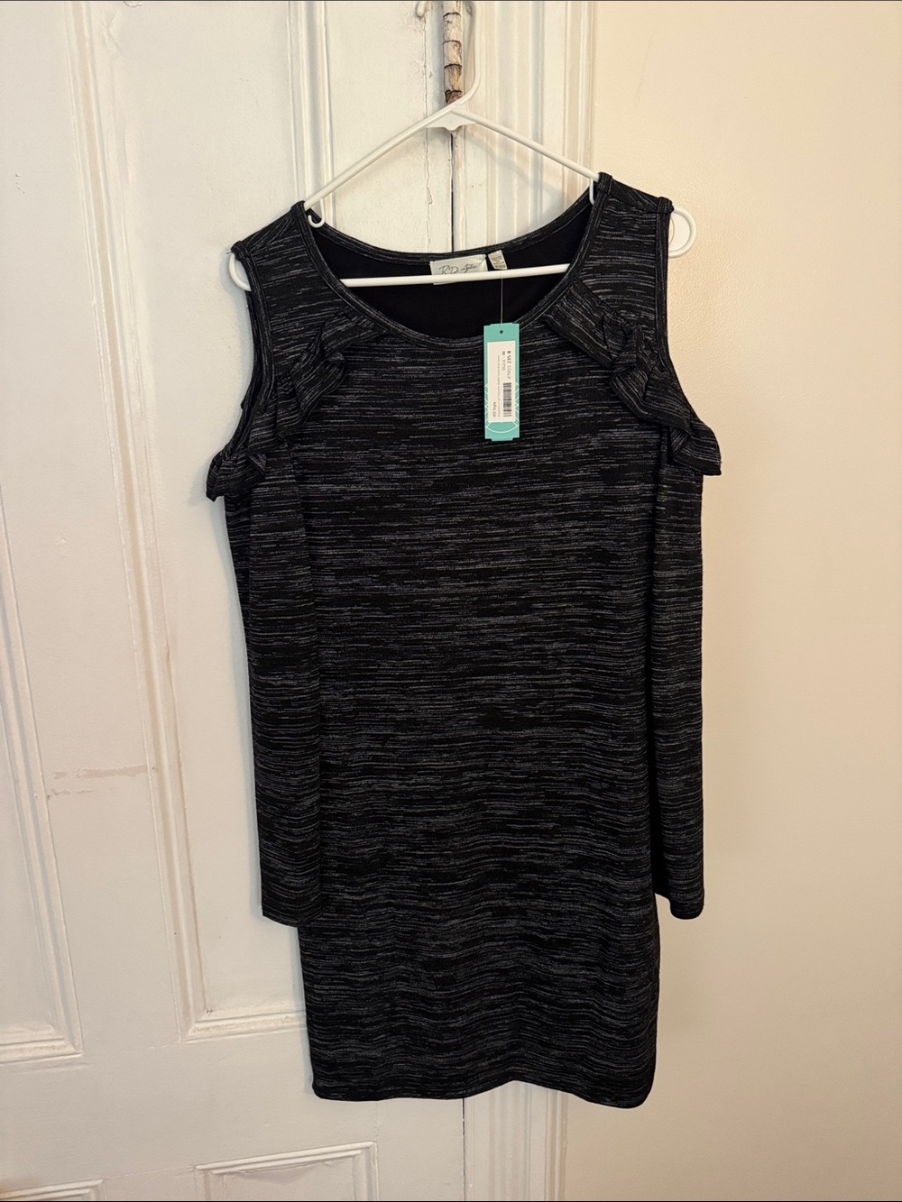 RD style Black Heathered Cold-Shoulder Knit Dress